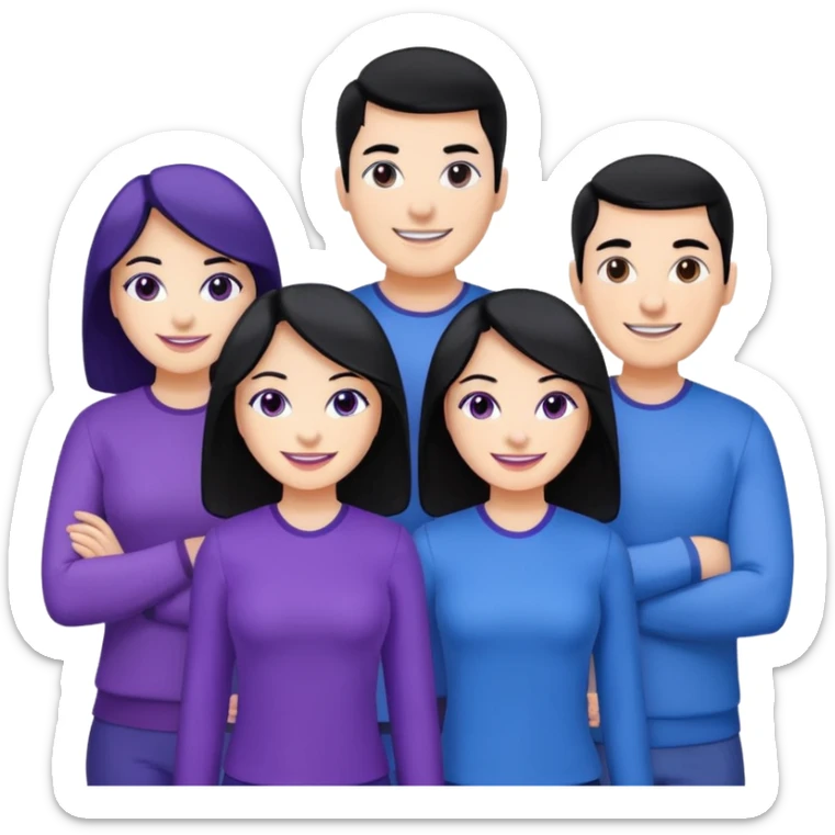 4people 2 men and 2 women. with black hair and white skin. ready to create a team. with blue and purple clothes sticker
