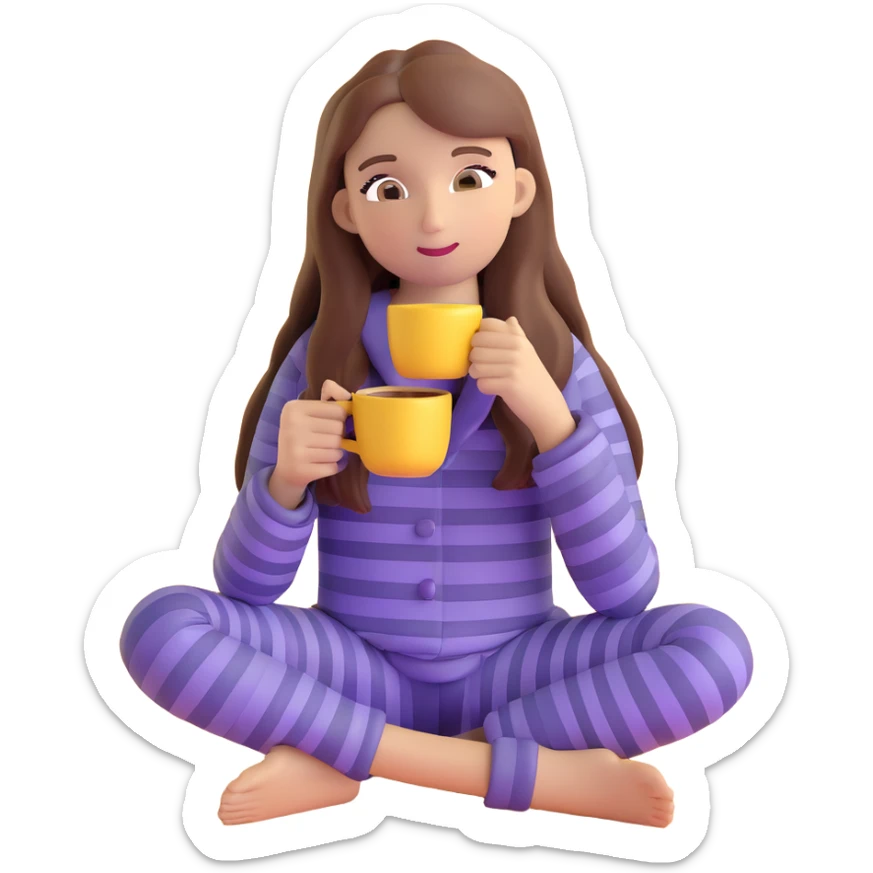 girl with long brown hair sipping coffee in purple striped pajamas sticker