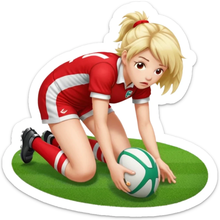 Chica de pelo rugby tirada en el suelo de un campo de rugby boca abajo agarrando un balón con las manos vestida con una equipación de color rojo y blanco con líneas y con unas botas de tacos de fútbol, con un bucal en la boca sticker