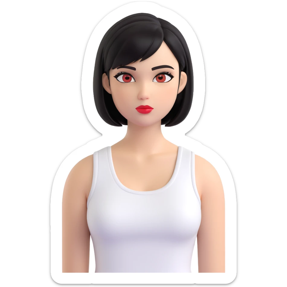 A pretty girl with black straight bob hair. She has hazel eyes with black eyeliner. She has plump red lips. She is wearing a white tank top sticker
