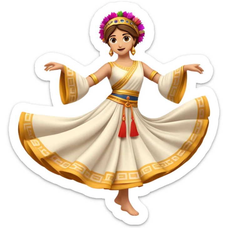 Cinematic Realistic Sirtaki Dance Emoji, depicted as a vibrant traditional Greek dance scene with flowing movements and expressive costumes, rendered with dynamic textures and warm festive lighting that captures its cultural exuberance. sticker
