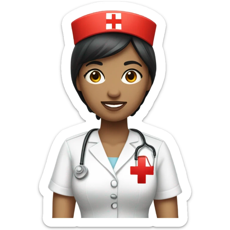 pixie cut black straight hair female nurse with red cross sign hat wearing dress
pale skin color sticker
