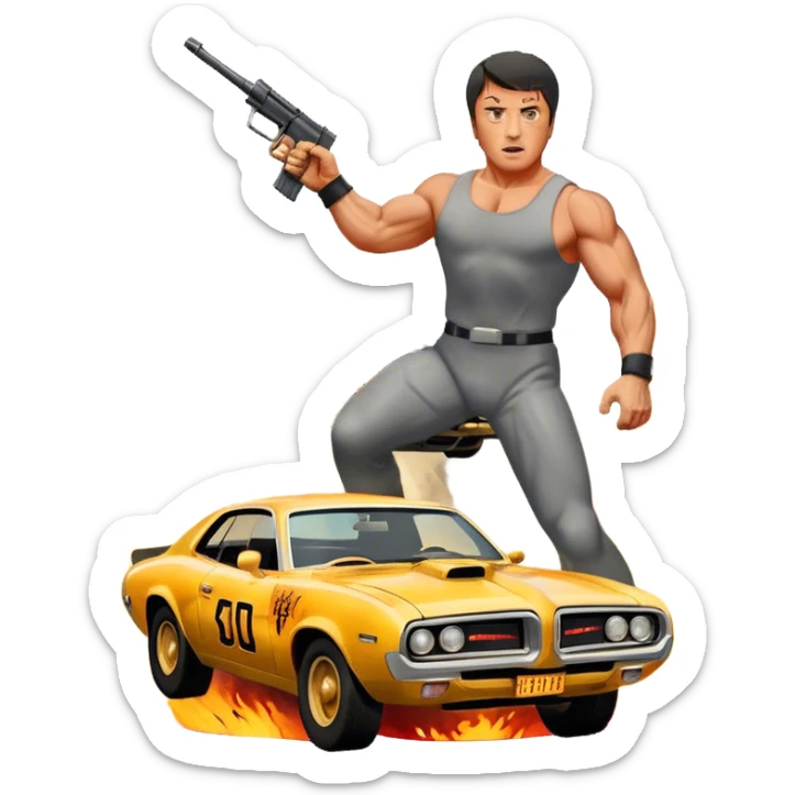 Icon for Action Movie: A vintage movie poster-style design featuring intense action scenes with explosions, weapons, and dramatic poses of Stallone. Include cars and helicopters flying out of flames in the background. Bold typography and retro cinematic style. Transparent background. sticker