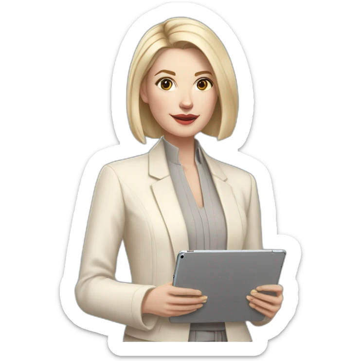pale skin woman with ash blonde Straightened bob Hair, White Spacious classical jacket, beige palazzo Arrow pants and gray blouse holding a IPad Pro 12.9” in the hands sticker