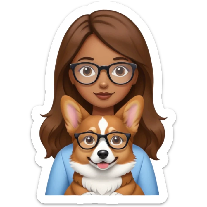 A girl with long brown hair and glasses is holding a corgi sticker