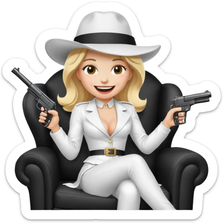 Mafia blondes Laughter lol woman in hat , gun ,black armchair , white costume  sticker