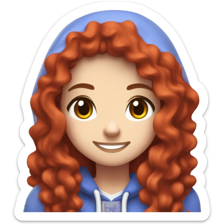 a white girl with long red curly hair and freckles, wearing periwinkle Minecraft hoodie playing a videogame smiling sticker