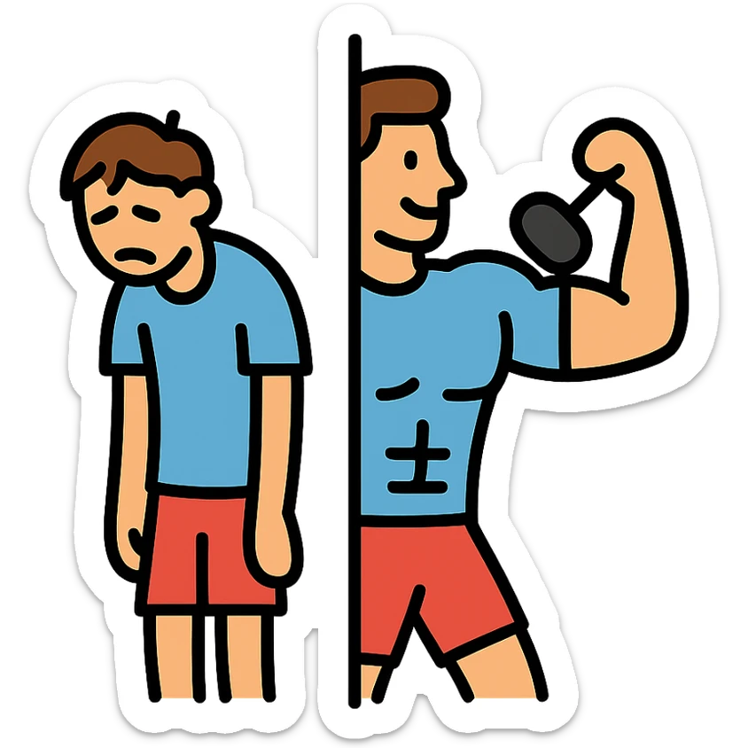 in the picture is devided in to two parts, at the first the sportsman is weak and lazy, but at the second picture the same sportsman is very strong because he doing a workout regularly sticker