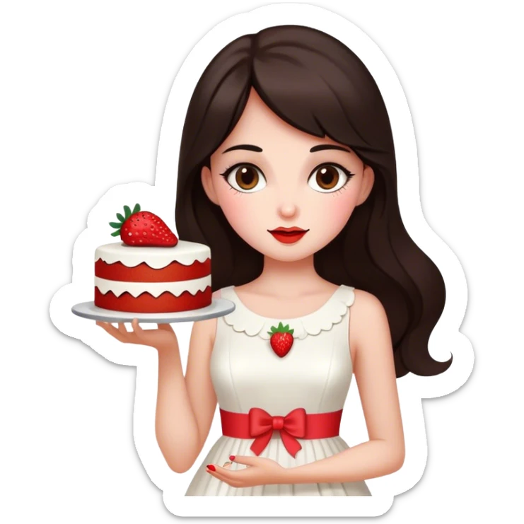 Beautiful woman in 1965’s woman fashion look, white dress, long dark brown hair, strawberry cake sticker
