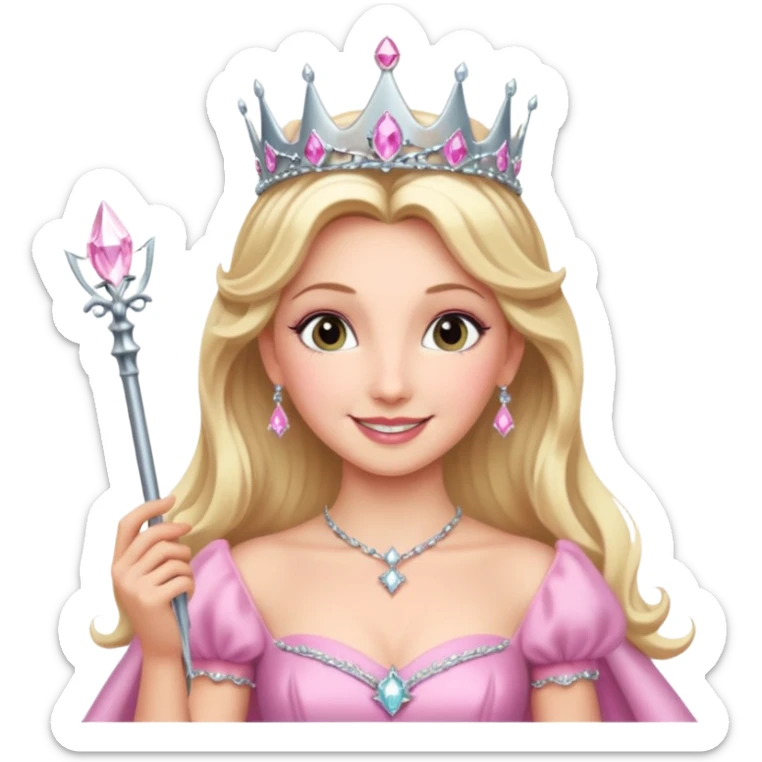 glinda the good witch from wicked movie, blonde hair, beautiful, big silver thin tiara, wand, pink gown sticker