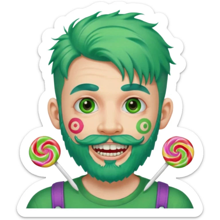 very colorful puffy green haired man just beard  no mustache made out of candy wearing teeth-braces and excessive face tattoos just face  sticker
