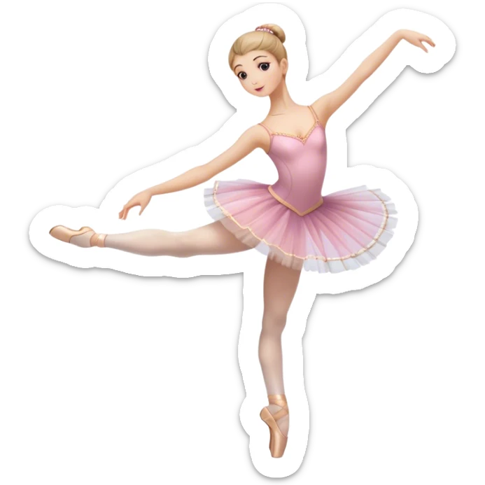 Icon for Ballet: a graceful ballerina on theatre stage in a tutu, poised in an elegant dance position, with a ballet barre and soft stage lighting. The icon should represent the art of ballet, with focus on fluid movement and classical performance. Transparent background. sticker