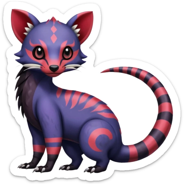 Rare warm-colored exotic gloomy tropical edgy cute epic aesthetic spooky indigo violet white black red gothic colorful Salandit-Furret-Civet-species-Fakemon-hybrid-creature, with tribal tattoo markings, full body sticker