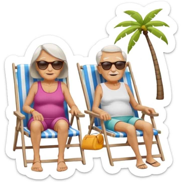 an emoji that shows elderly one woman and one man, both are retired and are lying in sun-chairs at the beach to recover from retiring-stress sticker
