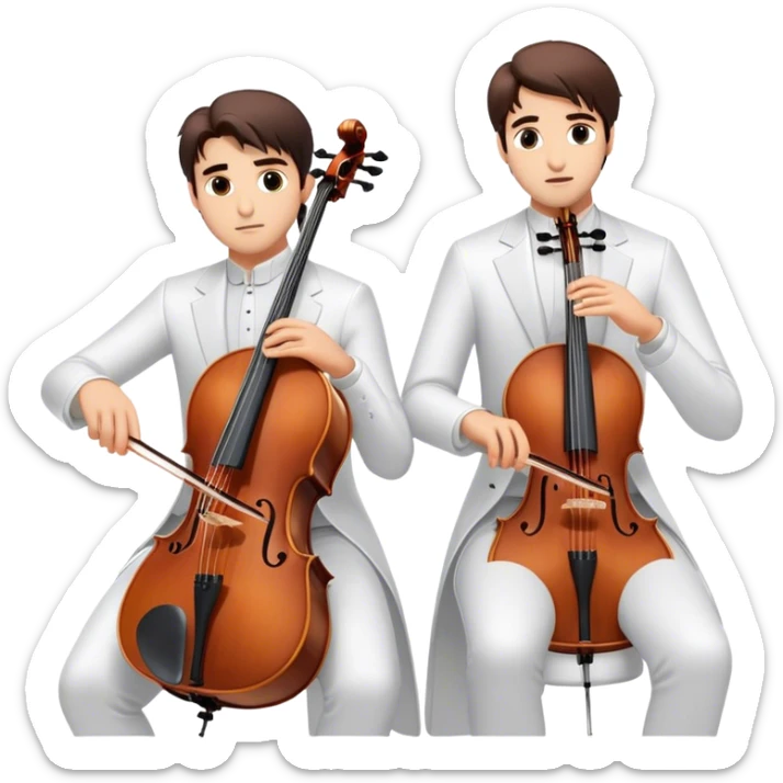a portrait of 2cellos, focusing on their upper half. both wear elegant white outfits, holding their cellos with confident expressions, set against a bright, minimal background. sticker