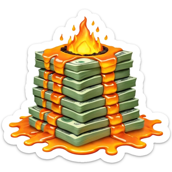 Transform the stack of money into lava money: make the bills appear to be melting and turning into glowing, molten lava with realistic textures and dramatic lighting. Keep the background transparent. The style should reflect a realistic molten lava effect with glowing and melting details. sticker