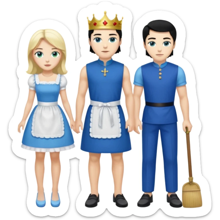 King, black hair, body, legst, blue eyes, blue garmont,  shoes, maid blonde hair, green eyes, sexy short sleveless White dress, shoes sticker