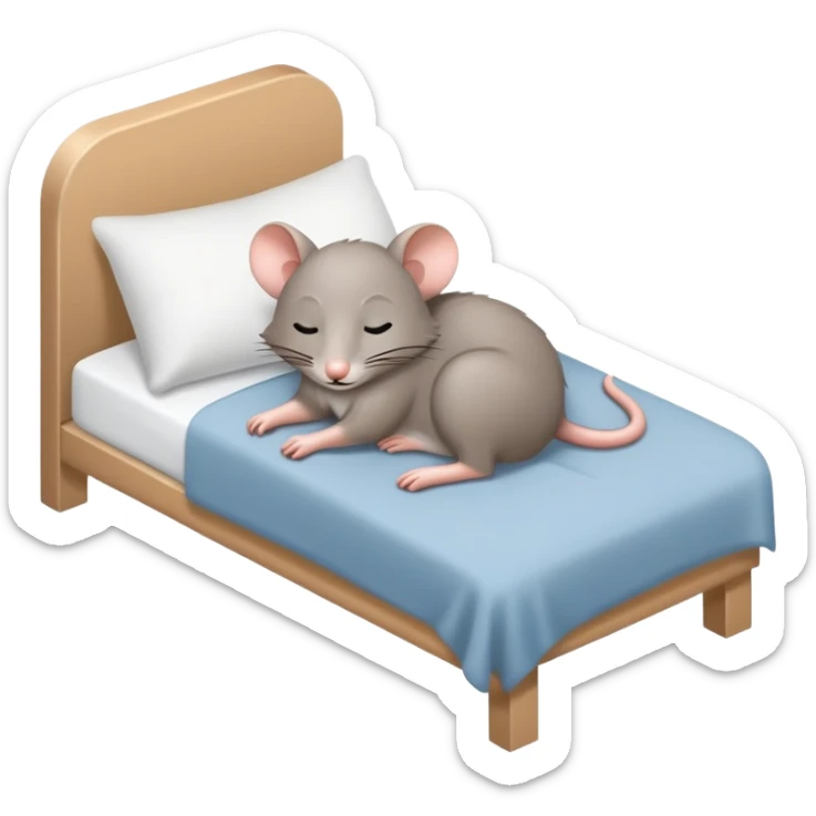 Crea una imagen de un rato adorable gris parecido a este 🐭 donde este duermiendo en una cama y de su cabeza aparezca esto 💤 indicando q está muy dormido.  sticker