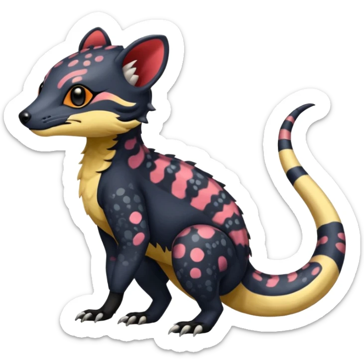 Rare warm-colored exotic cute epic aesthetic colorful Salandit-Civet-species-Fakemon-hybrid-creature, with markings, full body sticker
