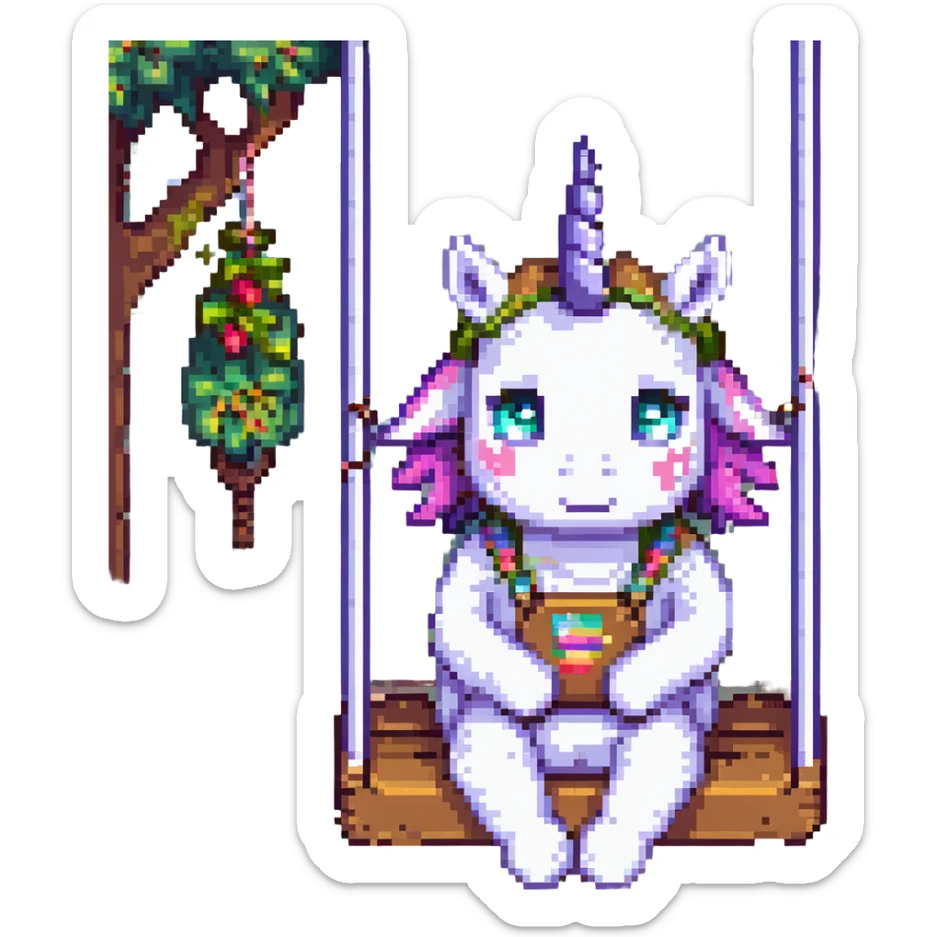 Place the unicorn on a swing in pixel art style. The unicorn remains dirty, crumpled, with bags under its eyes, a drooping horn, and a bright shiny headband. Maintain the pixel art style look. sticker