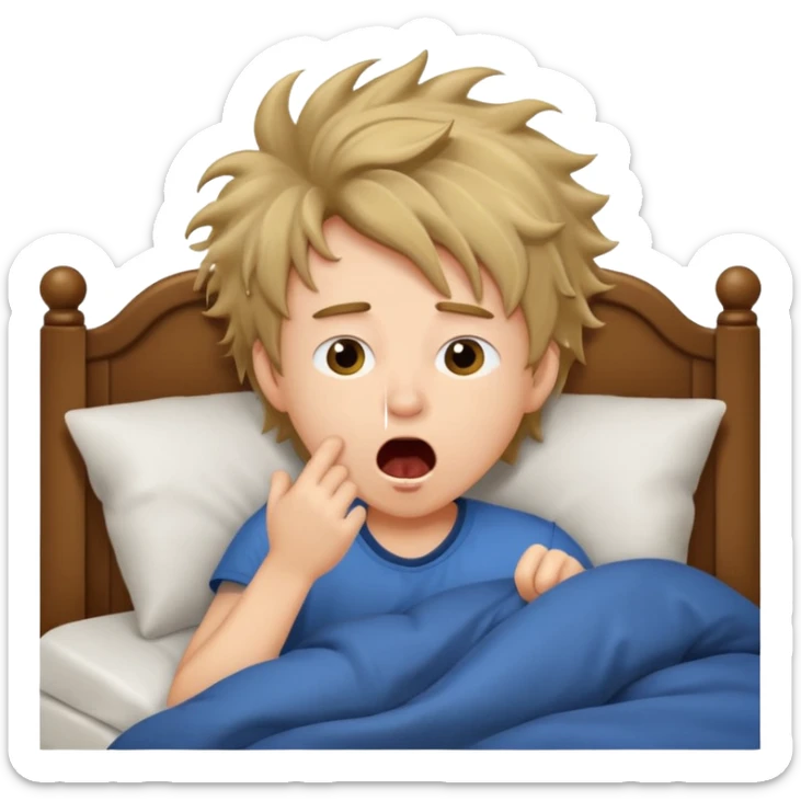emoji- of a cute boy waking up in bed. He is yawning or rubbing his eyes.  sticker