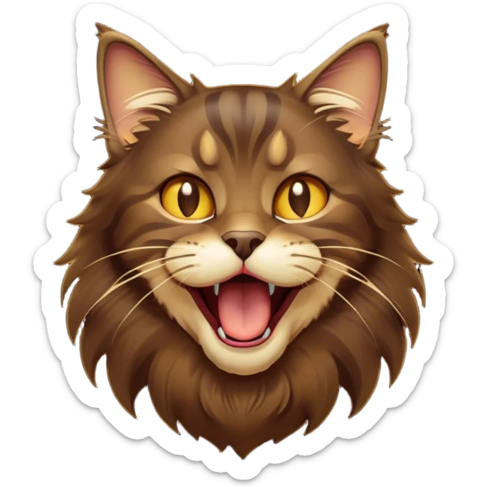 Cinematic Cute Dark Brown Maine Coon Cat Portrait Emoji, Head tilted playfully and yawning, sleek deep brown and gold tones with subtle hints of black, Simplified yet adorable features, highly detailed, glowing with a warm, friendly glow, high shine, curious and affectionate, stylized with a touch of whimsy, bright and alert, soft glowing outline, capturing the essence of a mischievous yet loving kitten, so endearing it feels like it could leap out of the screen and stretch with its fluffy tail swishing! sticker