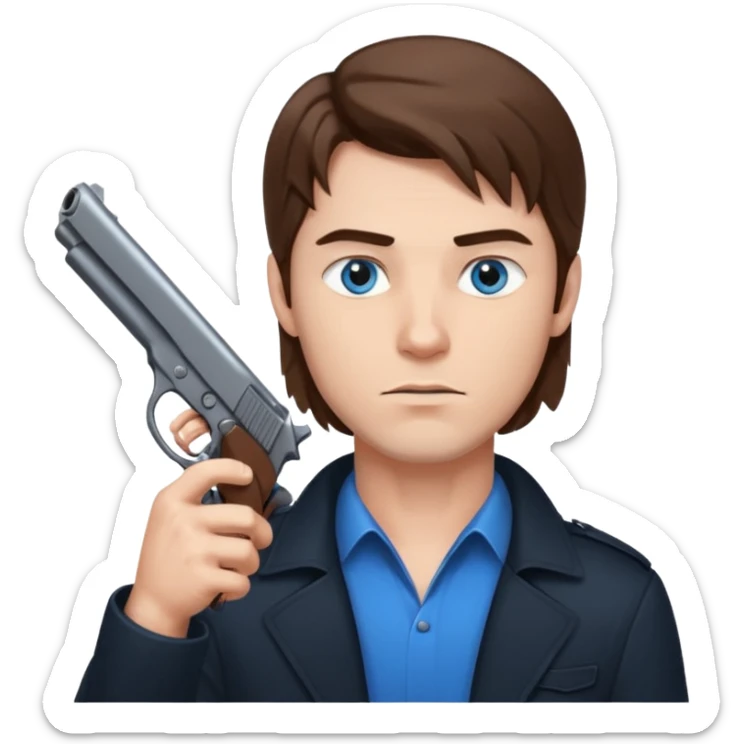 guy w medium long brown hair and blue eyes with gun pointed up at his chin sticker
