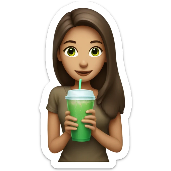 A girl with long brown hair, green eyes holding ice coffee  sticker