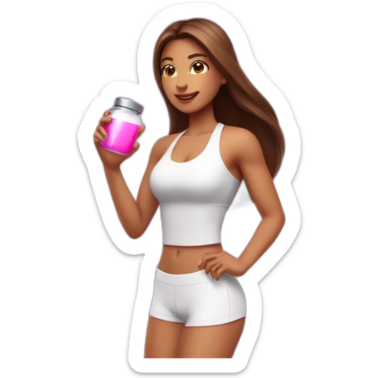 fitness girl with straight long brown hair, wearing a white strappy tops and holding a pink magic potion sticker
