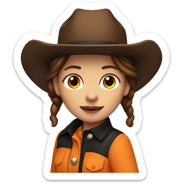 jumping brunette cow girl tan skin skin, orange burnt coat, black hat sticker