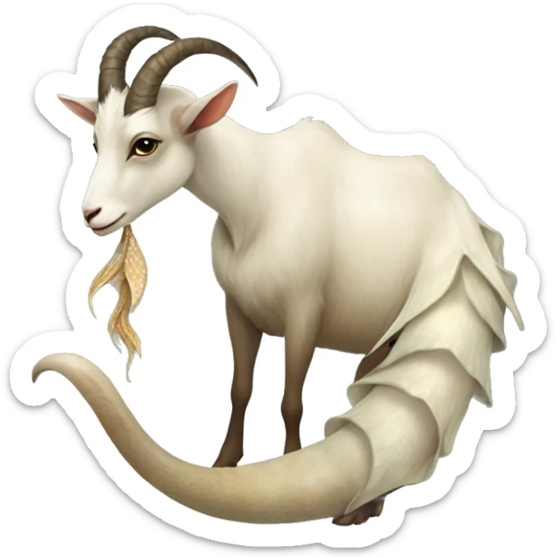 Goat attached to a long wrapped up mermaid fish tail, creature mythology, watery earthy tones sticker