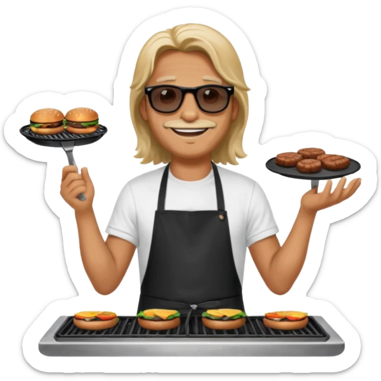 long hair man grilling wearing shade smiling in a white tshirt and a black apron grilling burger and meat on a sizzling grill sticker