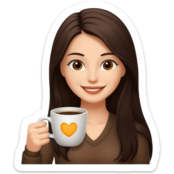 Straight Dark Brown long haired sexy woman smiling with dark brown eyes with cup of coffee sticker