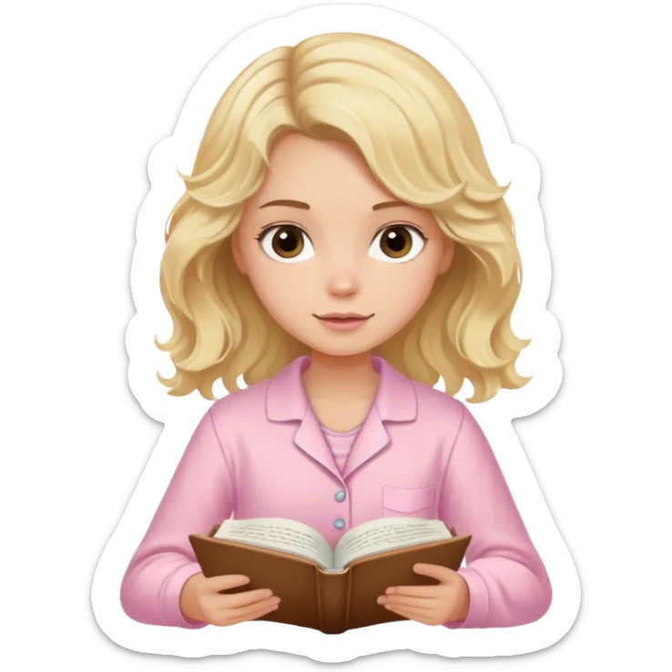 Blonde model with brown eyes, wavy hair, pastel pink pajamas, writing in journal  sticker