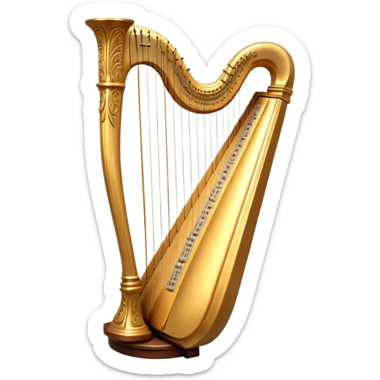 Cinematic Realistic Harp, a grand golden harp with intricately carved details, delicate strings shimmering under soft candlelight, rich wood tones adding warmth, a musician’s gentle fingers plucking a note, glowing with an ethereal and majestic aura. sticker