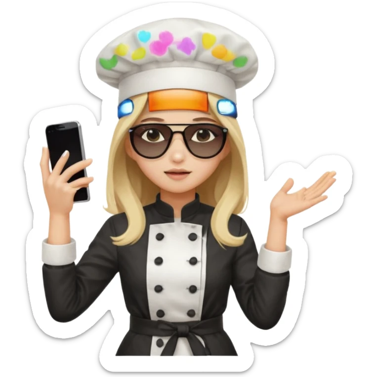 ["A sad woman with light skin, straight hair, wearing a chef hat and sunglasses, dressed in K-pop fashion, is dancing while holding a phone."] sticker
