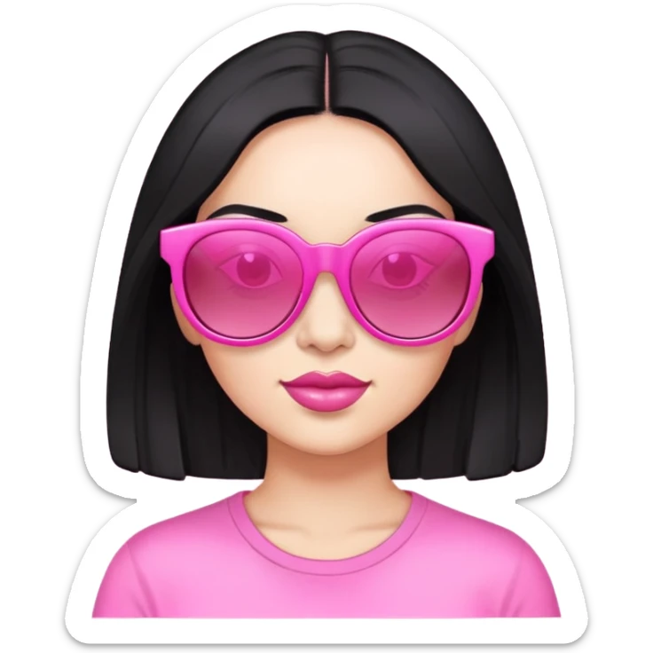 Iphone emoji of a woman with black hair and ligjt skin with a big pink sunglasses  sticker