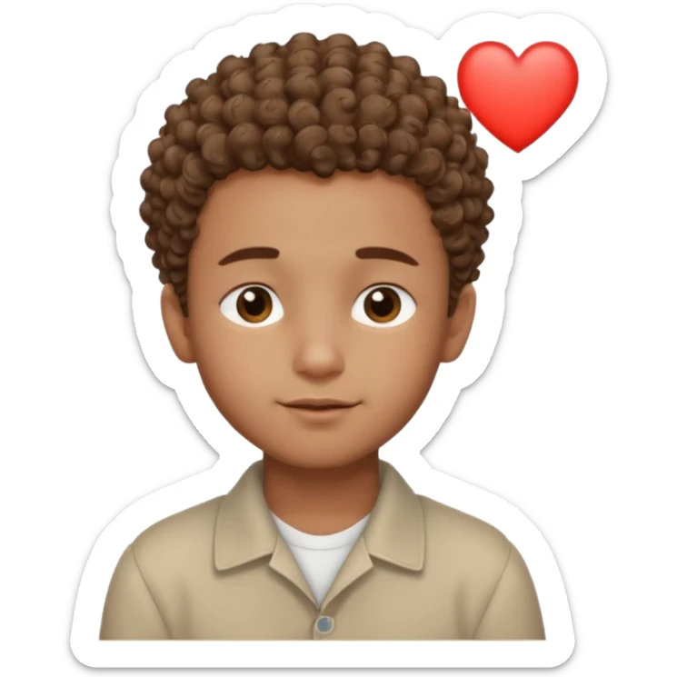 Brown boy with a dro fade haircut his hair is curly dreaming about his girlfriend small smirk on his face eyes closed with a little heart above his head sticker
