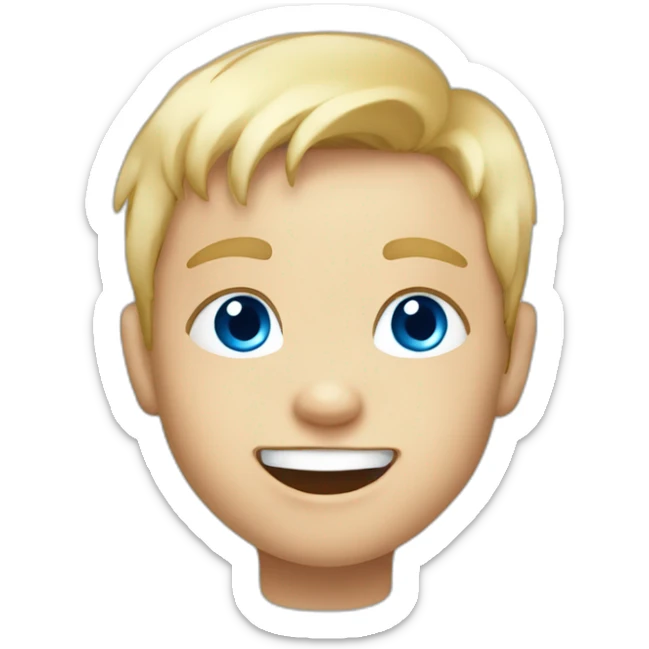 A baby boy with blonde hair, blue eyes and a blue t-shirt and with cute little teeth sticker