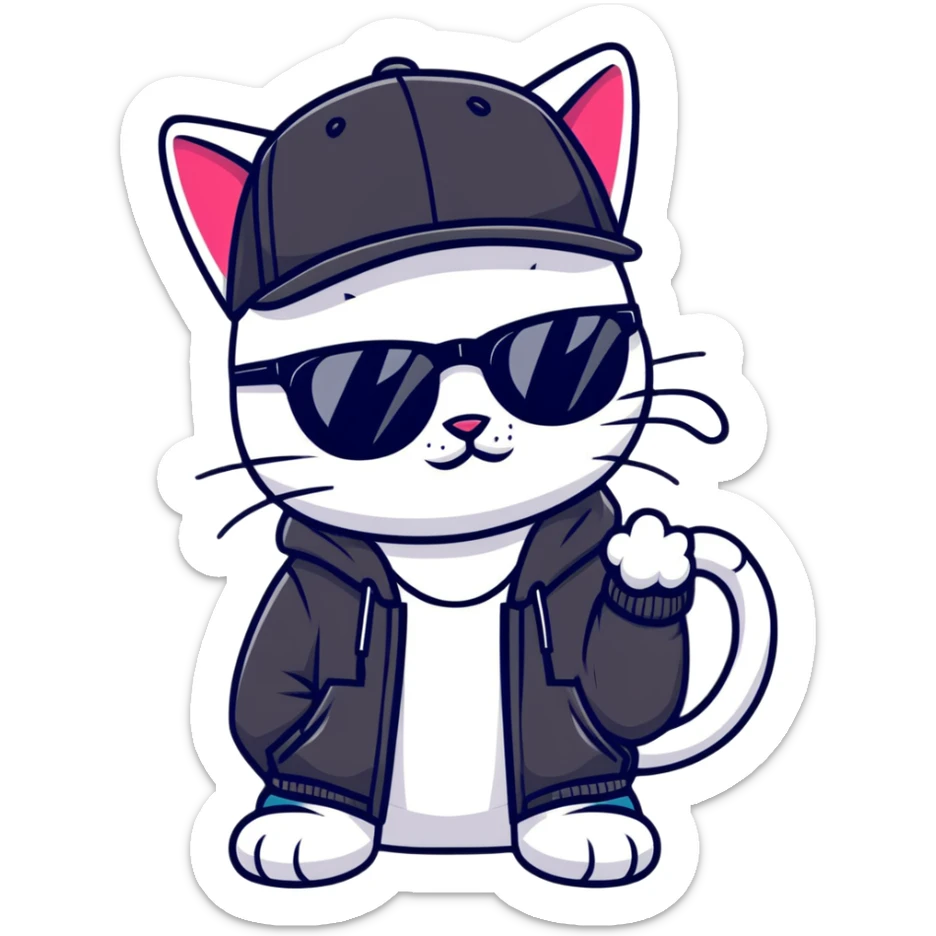 cat wearing a black snapback cap, black hoodie, and black sunglasses low on his nose that he is peering over, doing graffiti art with spray paint, street art style sticker