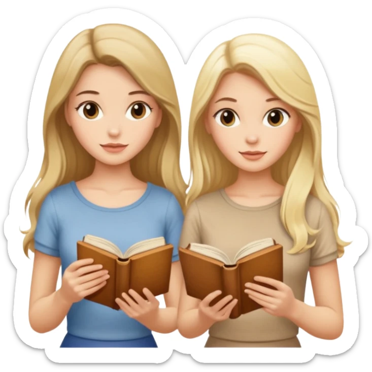 two beautiful girls in beige tops reading a beautiful vintage book. one brunette, the other blonde. both with long hair with and beige T-shirt  sticker