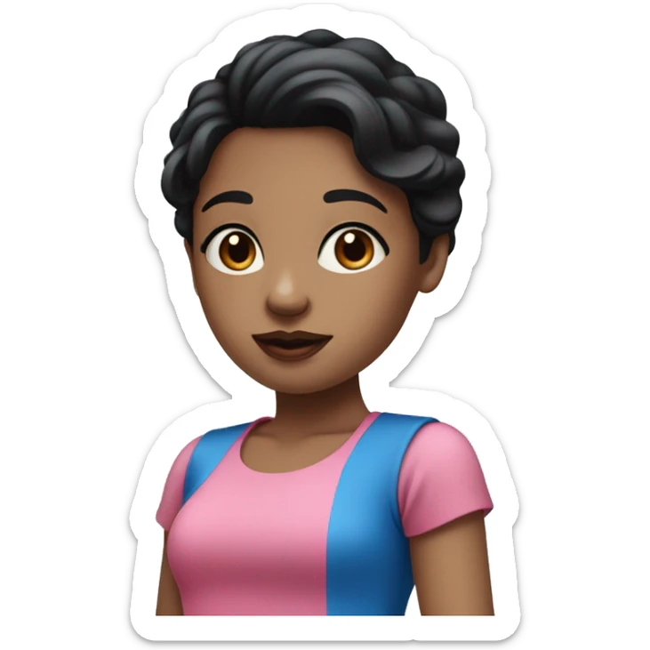 A girl with black hairand blue eyes and red lips and pink top and blue skirt sticker