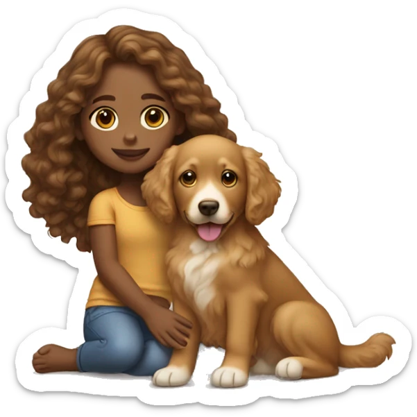 Tan skinned girl with  long brown curly hair with a golden retriever puppy sticker