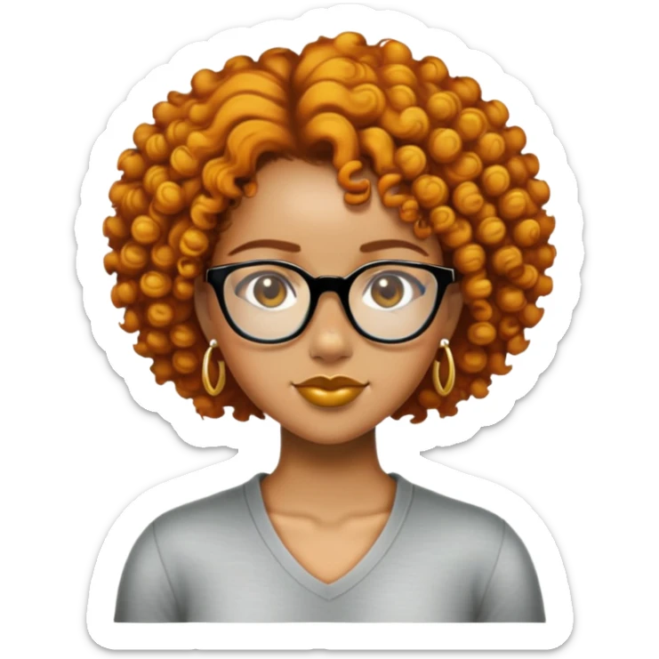 Add a gold nose piercing, gold septum piercing, and gold earrings to the light skin black woman with short ginger curly hair and glasses, neutral expression, in emoji style. sticker