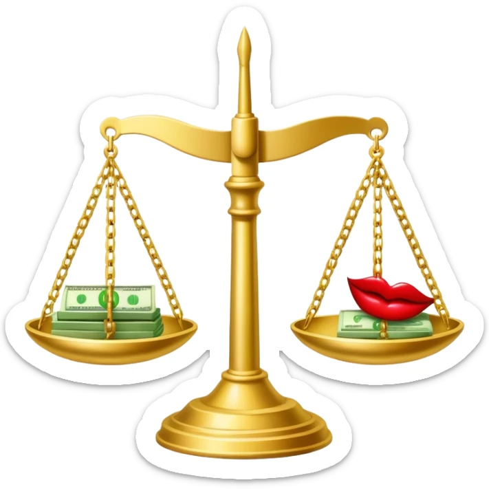 gold scale with green dollar bills on left side and lipstick and nail polish on right side sticker