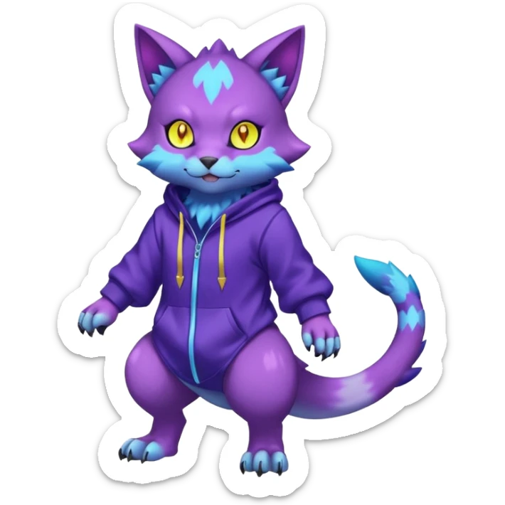 Colorful neon glowing abyssal garurumon-purloin-feline-Fakemon-Digimon-creature wearing a violet hoodie fursona (full body)  sticker