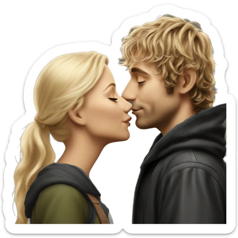 Pippin-hobbit wearing black hoodie kissing pretty blonde woman sticker