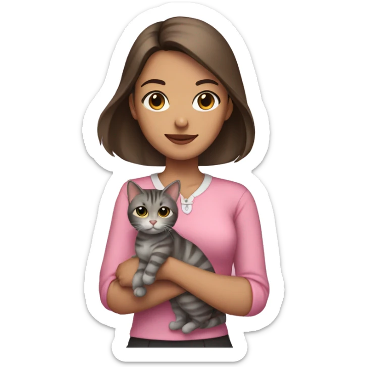 Brunette girl with straight hair in a pink blouse, holding a gray, striped, brown-eyed cat with a bow in her arms sticker
