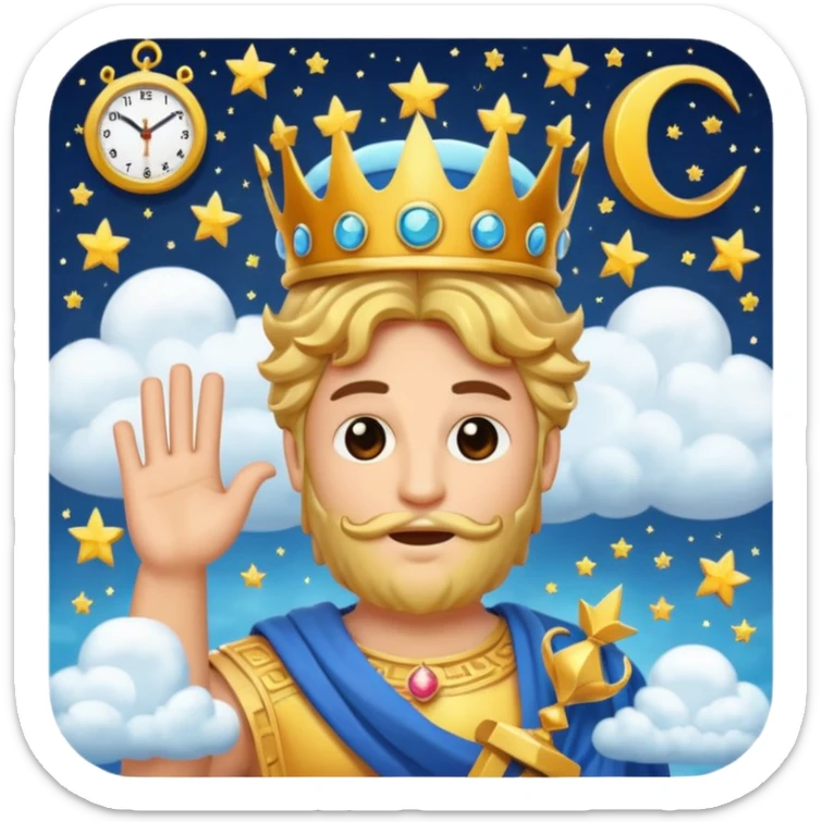 cartoonish emoji of the letter C with a face, wearing a Greek god crown, holding a clock, surrounded by stars and clouds, representing Chronos and the gods of Olympus sticker