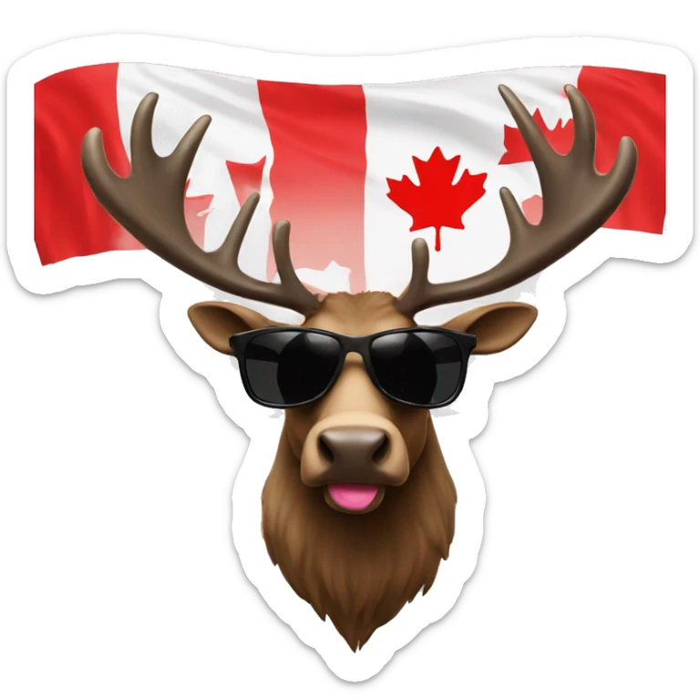 Mooose wearing sunglasses with his tongue out with a big Canadian flag sticker